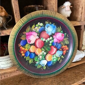 Gorgeous Hand-Painted Floral and Fruit Decorative Wood Plate